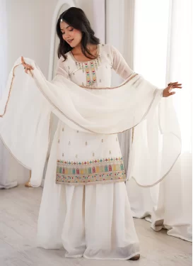 Silk Blend Palazzo Suit in White with Embroidered Work for Ceremonial