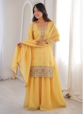 Silk Blend Palazzo Suit with Embroidered Work for Festival in Yellow