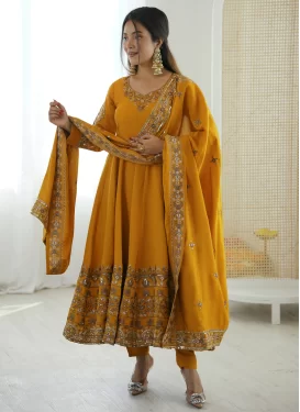 Silk Blend Anarkali Suit with Embroidered Work in Mustard