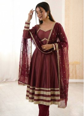 Silk Blend Anarkali Suit in Maroon with Embroidered Work for Festival