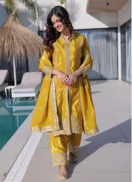 Fancy Fabric Readymade Salwar Suit with Embroidered Work for Party in Mustard