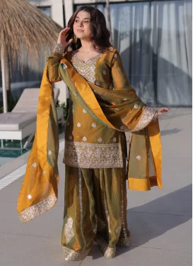 Embroidered Work Chiffon Satin Palazzo Suit in Mustard for Women