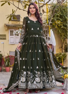 Olive Georgette Embroidered Work Designer Gown for Women