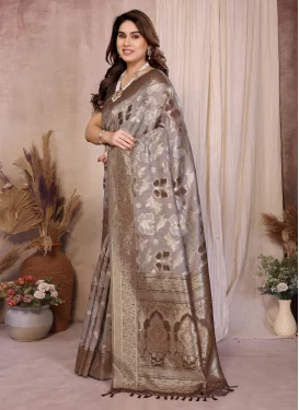 Woven Work Cotton Silk Classic Saree in Brown and Grey for Ceremonial