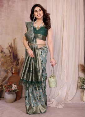 Cotton Silk Traditional Saree with Woven Work for Ceremonial in Green and Sea Green