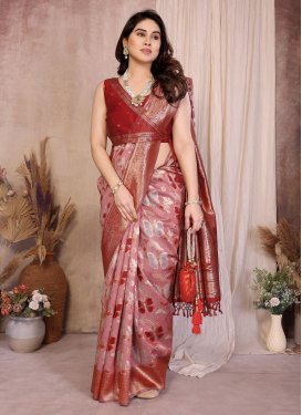 Woven Work Traditional Saree For Ceremonial in Red and Salmon
