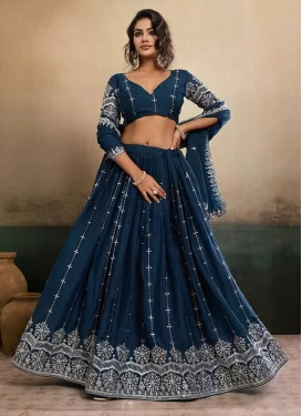Embroidered Work Georgette Trendy Lehenga Choli in Teal for Women