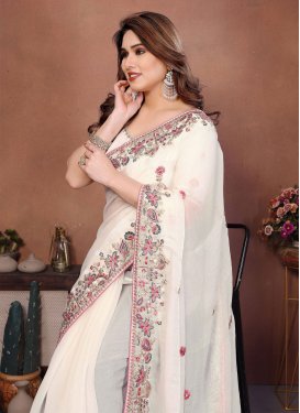 Off White Chiffon Satin Classic Saree with Embroidered Work for Ceremonial