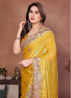 Chiffon Satin Classic Saree with Embroidered Work for Festival in Mustard