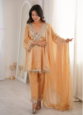 Beige Fancy Fabric Readymade Salwar Suit with Embroidered Work for Ceremonial