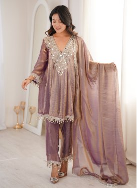 Embroidered Work Fancy Fabric Readymade Salwar Suit in Salmon for Women