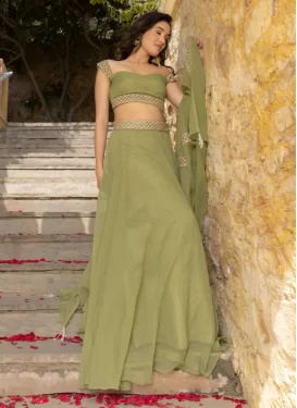 Georgette Designer Lehenga Choli with Resham Work for Women in Olive
