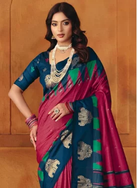 Silk Blend Trendy Saree with Woven Work for Casual in Navy Blue and Rose Pink