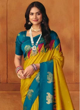 Silk Blend Trendy Saree with Woven Work for Women in Mustard and Teal