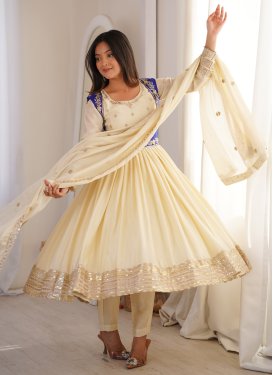 Chinon Anarkali Suit with Embroidered Work in Cream