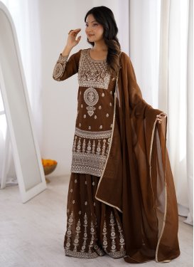Embroidered Work Crunchy Silk Readymade Salwar Suit in Brown for Women