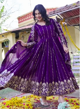 Embroidered Work Georgette Designer Gown in Purple for Women