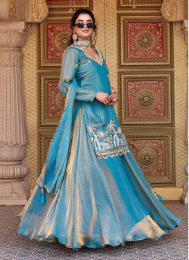 Embroidered Work Organza Kameez Style Lehenga Choli in Light Blue for Women