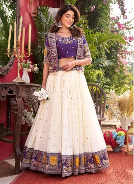 Off White and Purple Vichitra Silk Readymade Lehenga Choli with Embroidered Work for Festival