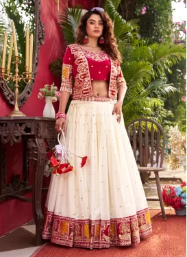 Off White and Rose Pink Vichitra Silk Embroidered Work Readymade Lehenga Choli for Women