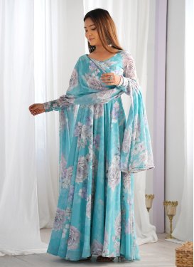 Digital Print Work Georgette Designer Gown in Firozi for Women