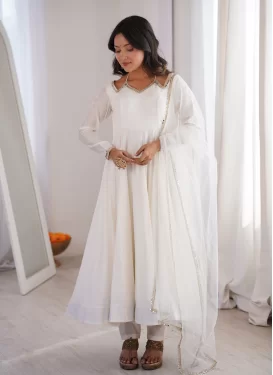 Chanderi Silk Anarkali Suit with Lace Work for Women in Off White