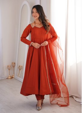 Chanderi Silk Anarkali Suit with Lace Work for Women in Orange