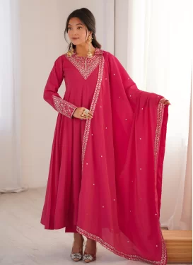 Silk Blend Anarkali Suit in Rose Pink with Lace Work for Women