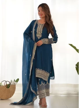 Embroidered Work Chinon Readymade Salwar Suit in Teal for Women