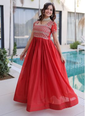 Embroidered Work Organza Designer Gown in Tomato for Women