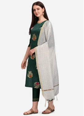 Jacquard Silk Readymade Salwar Suit with Woven Work in Bottle Green
