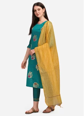 Woven Work Jacquard Silk Readymade Salwar Suit in Teal for Women