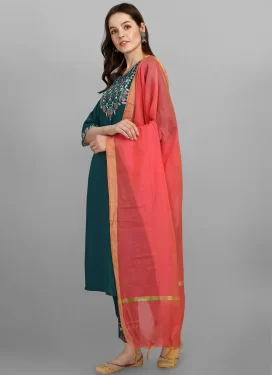 Cotton Embroidered Work Readymade Salwar Suit in Teal