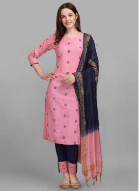 Black and Pink Cotton Readymade Salwar Suit with Woven Work for Ceremonial