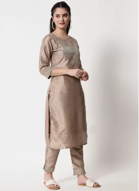 Silk Blend Readymade Salwar Suit in Beige with Embroidered Work for Women