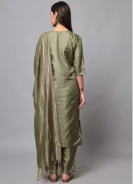 Chanderi Silk Readymade Salwar Suit in Olive with Embroidered Work for Festival