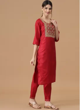 Silk Blend Readymade Salwar Suit in Red with Embroidered Work for Ceremonial