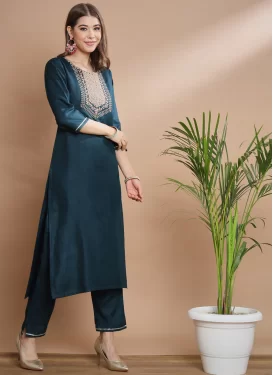 Cotton Silk Readymade Salwar Suit in Teal with Embroidered Work for Women