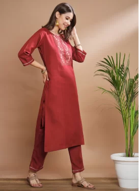 Cotton Silk Readymade Salwar Suit with Embroidered Work in Rust