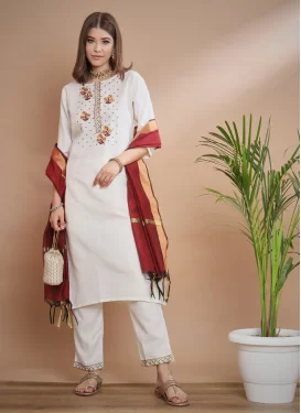 Cotton Silk Readymade Salwar Suit with Embroidered Work in Off White