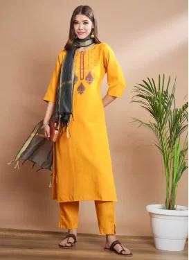 Embroidered Work Cotton Silk Readymade Salwar Suit in Mustard for Ceremonial