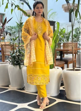 Embroidered Work Silk Blend Readymade Salwar Suit in Mustard for Women