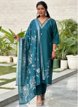 Teal Silk Blend Embroidered Work Readymade Salwar Suit for Women