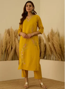 Mustard Silk Blend Embroidered Work Readymade Salwar Suit for Women