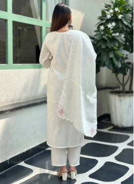 Silk Blend Embroidered Work Readymade Salwar Suit in Off White