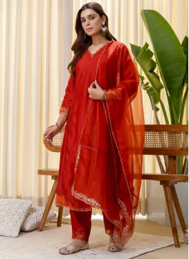 Silk Blend Readymade Salwar Suit with Embroidered Work in Red for Festival