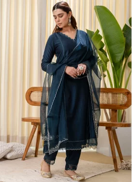 Silk Blend Readymade Salwar Suit with Embroidered Work for Party in Teal