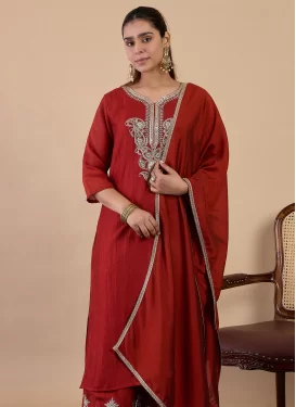 Silk Blend Readymade Salwar Suit in Red with Embroidered Work for Women