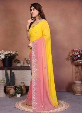 Salmon and Yellow Georgette Embroidered Work Traditional Saree for Women