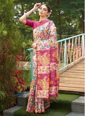 Digital Print Work Tussar Silk Trendy Saree in Beige and Rose Pink for Women